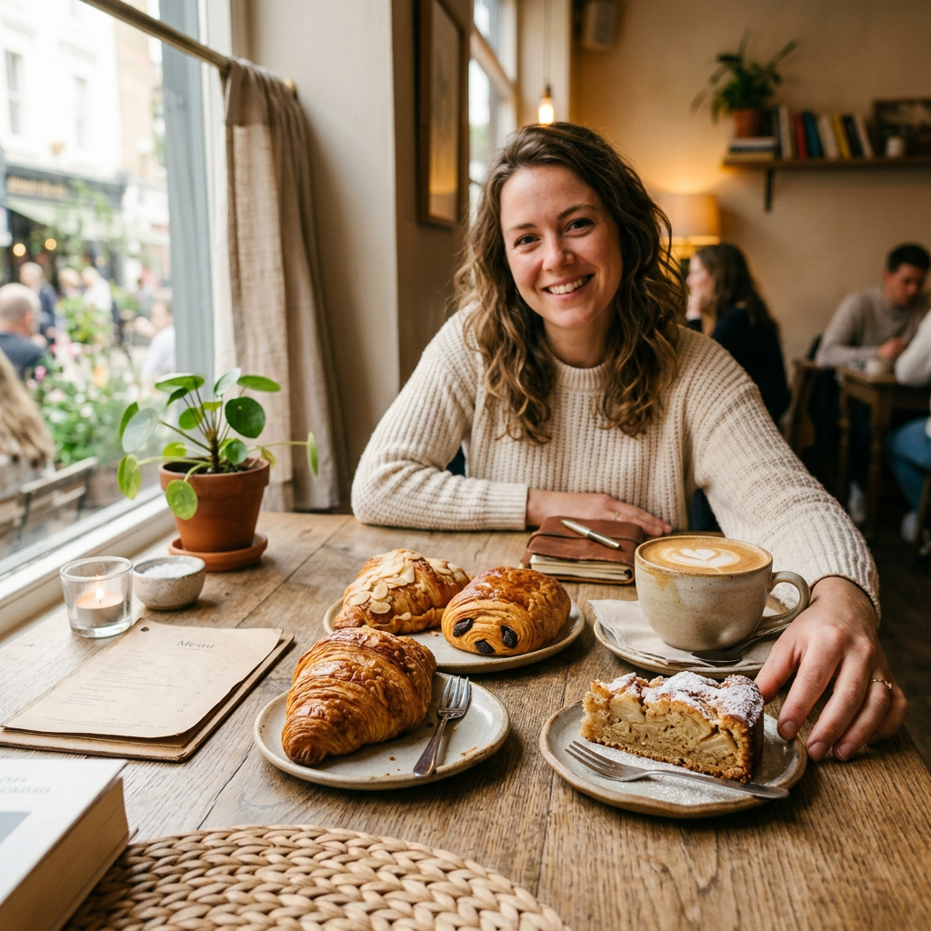 Woman at wooden table with assorted pastries, latte, and a slice of cake in a café